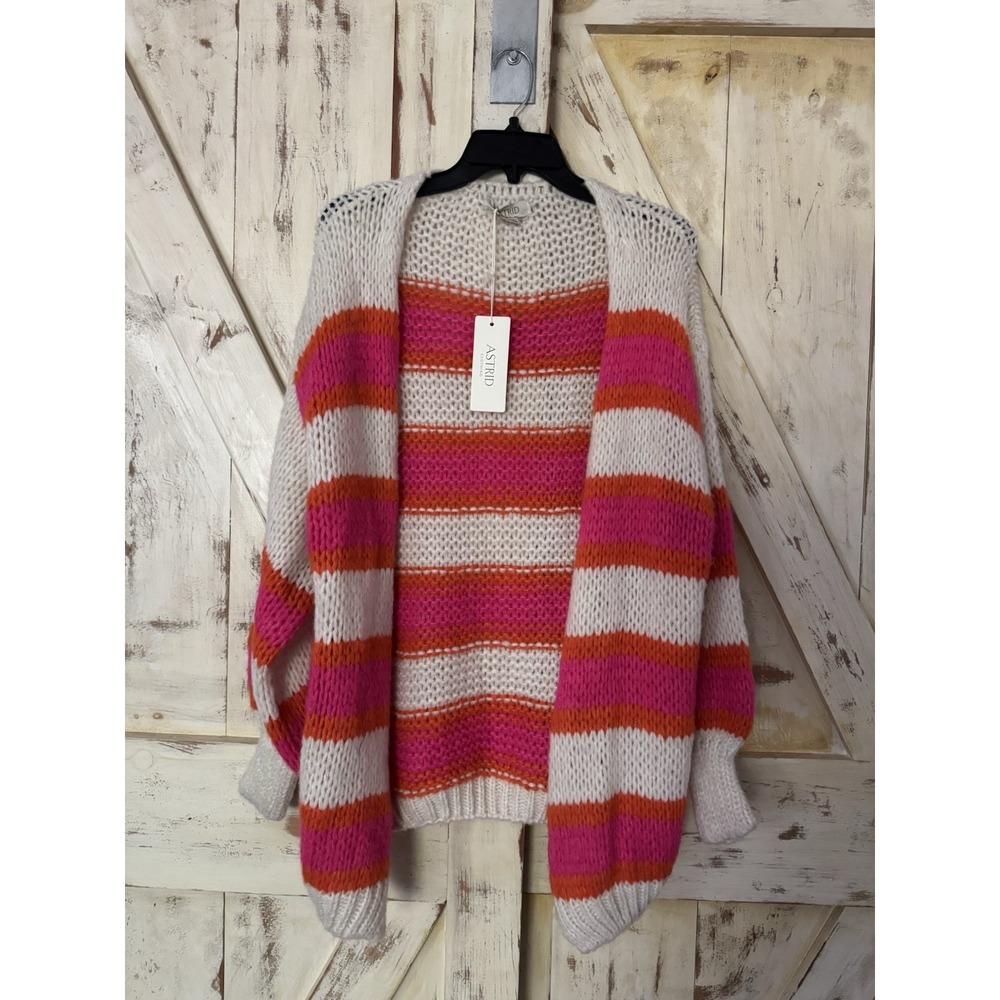 Astrid Cardigan Open‎ Front Crochet Granny Size Medium Orange Pink Multi Striped